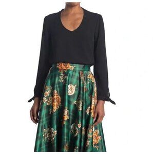ModCloth Black Ideal Discovery V Neck Long Puff Sleeve Tie Cuffs Blouse Size XXS